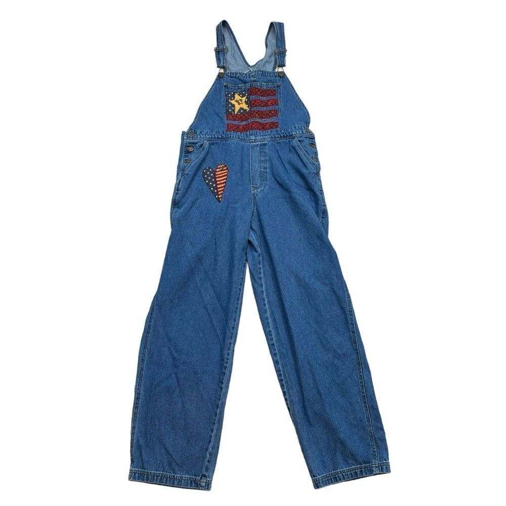 Ladies Vintage Haiks Brand Denim‎ Bib Overalls with American Flag Detail Large